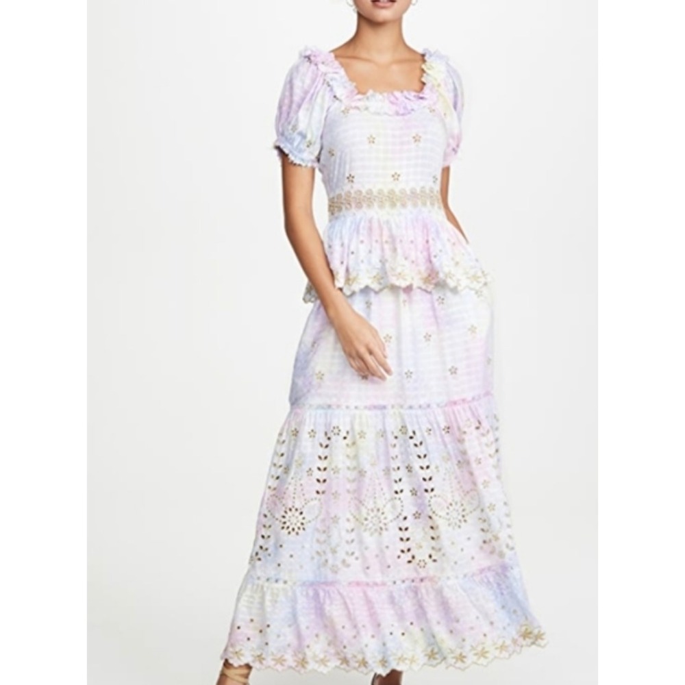 LoveShackFancy Pastel Tie-Dye Eyelet Maxi Dress - Lavender, Pink, Blue
